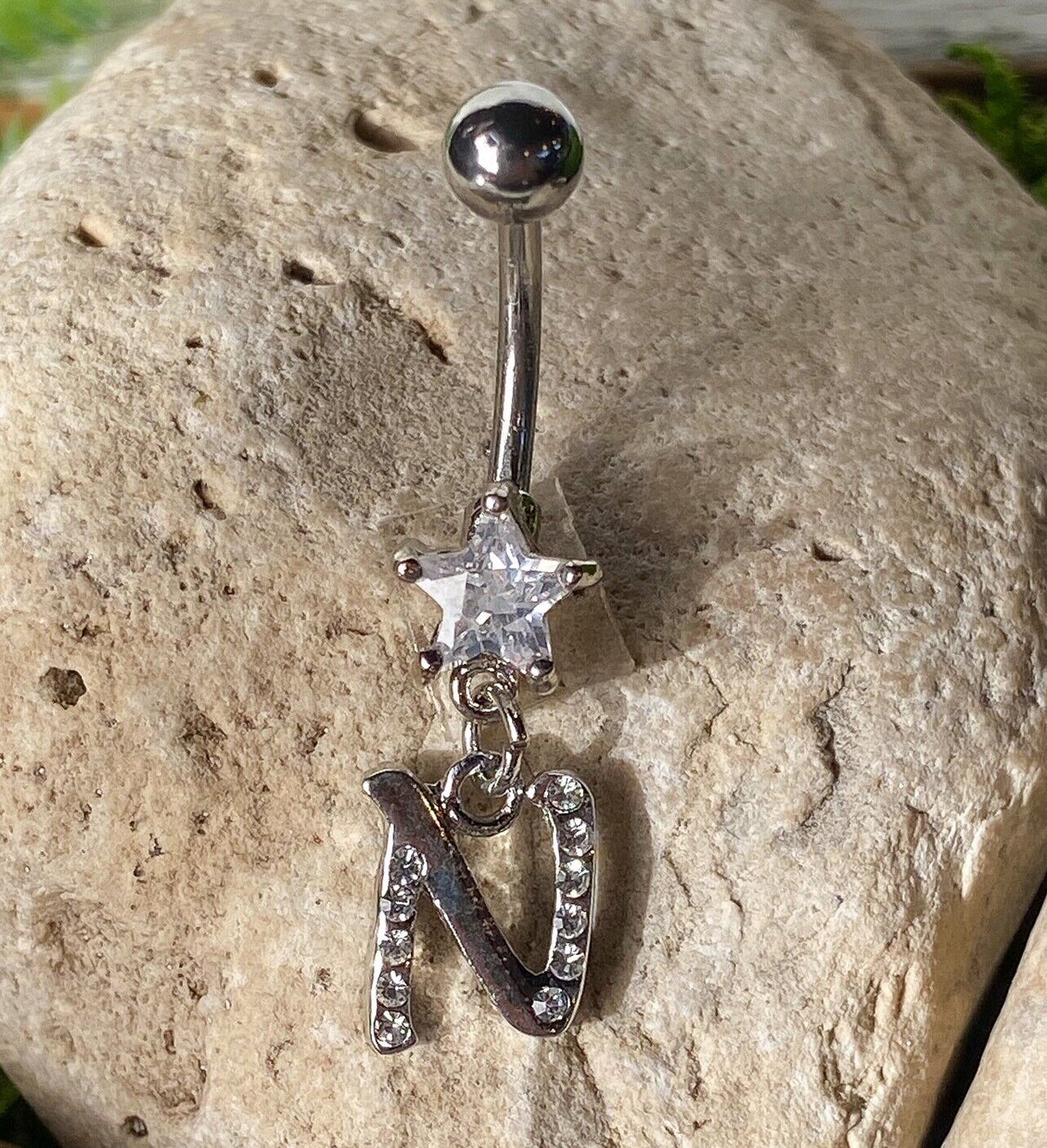 1pc Initial "Metro" Clear Gem Belly Ring Navel Pierced Naval Piercing Letter (Initial: N)