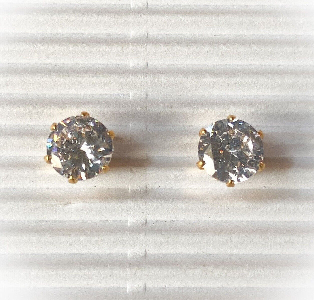 PAIR Gold Ion Plated Stud Earrings Prong Set Round Clear Gem 316L Surgical Steel