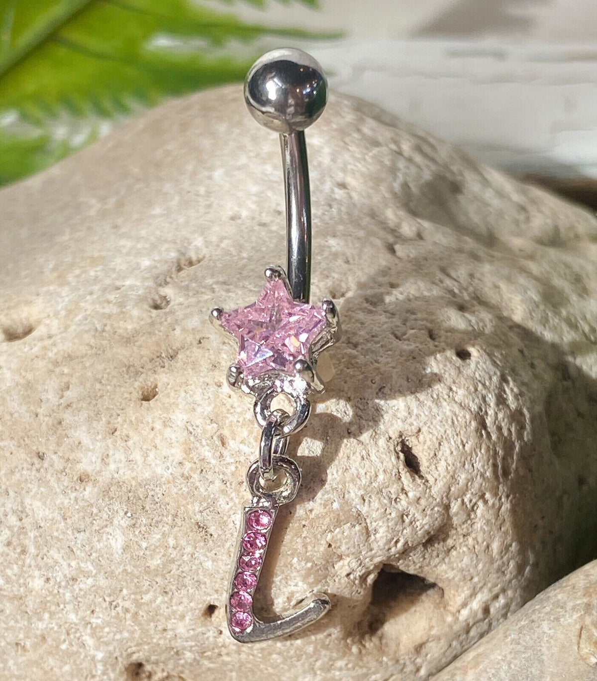 1pc Initial Belly Ring "Metro" Style Pink Gems Navel Naval Letter Body Jewelry (Initial: L)
