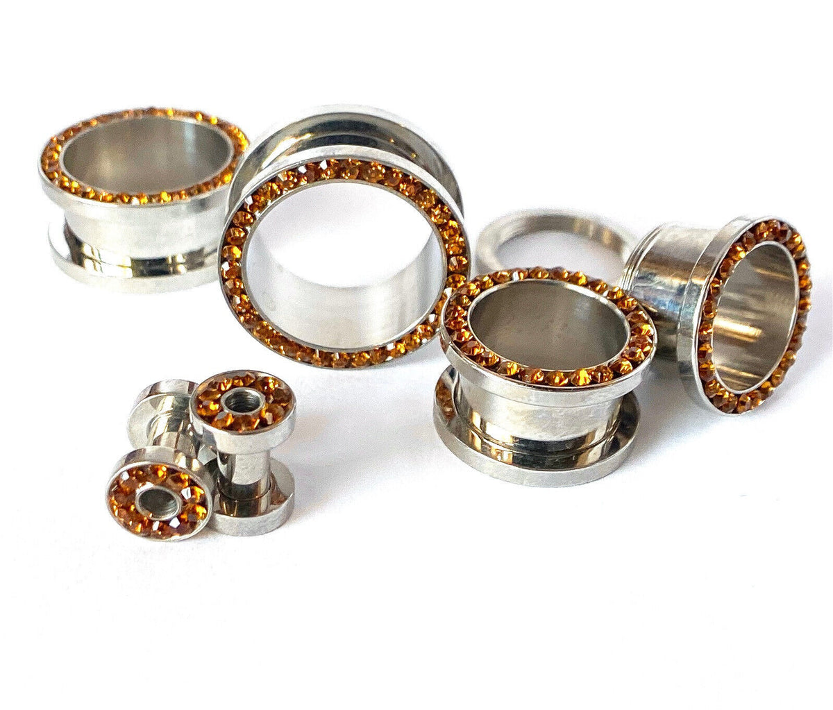 PAIR Topaz CZ Gem Rimmed 316L Surgical Steel Screw Fit Tunnels Plugs Gauges