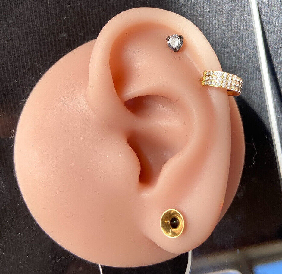1pc Prong Set Gem Black, Yellow Gold or Rose Gold Tragus Cartilage Ring 16g 1/4"