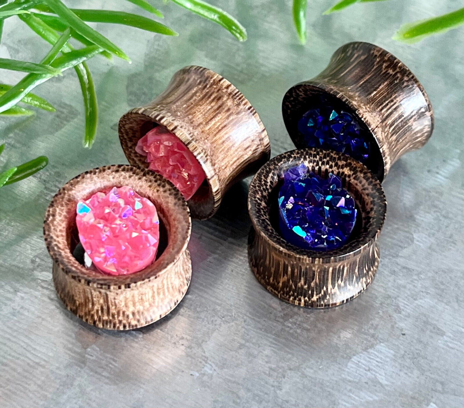 PAIR Synthetic Rough Druzy Stone Coconut Wood Tunnels Plugs Gauges Body Jewelry