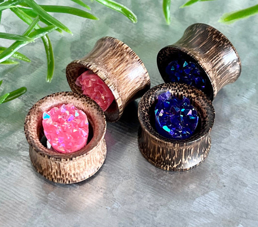 PAIR Synthetic Rough Druzy Stone Coconut Wood Tunnels Plugs Gauges Body Jewelry