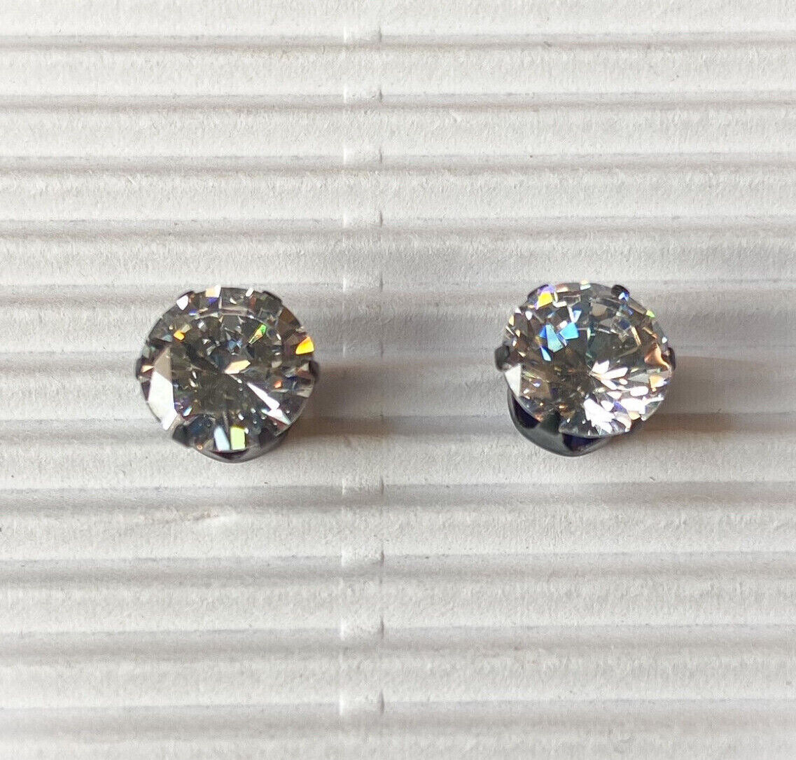 PAIR Black Ion Plated Stud Earrings Prong Set Round Clear Gem 316L Steel
