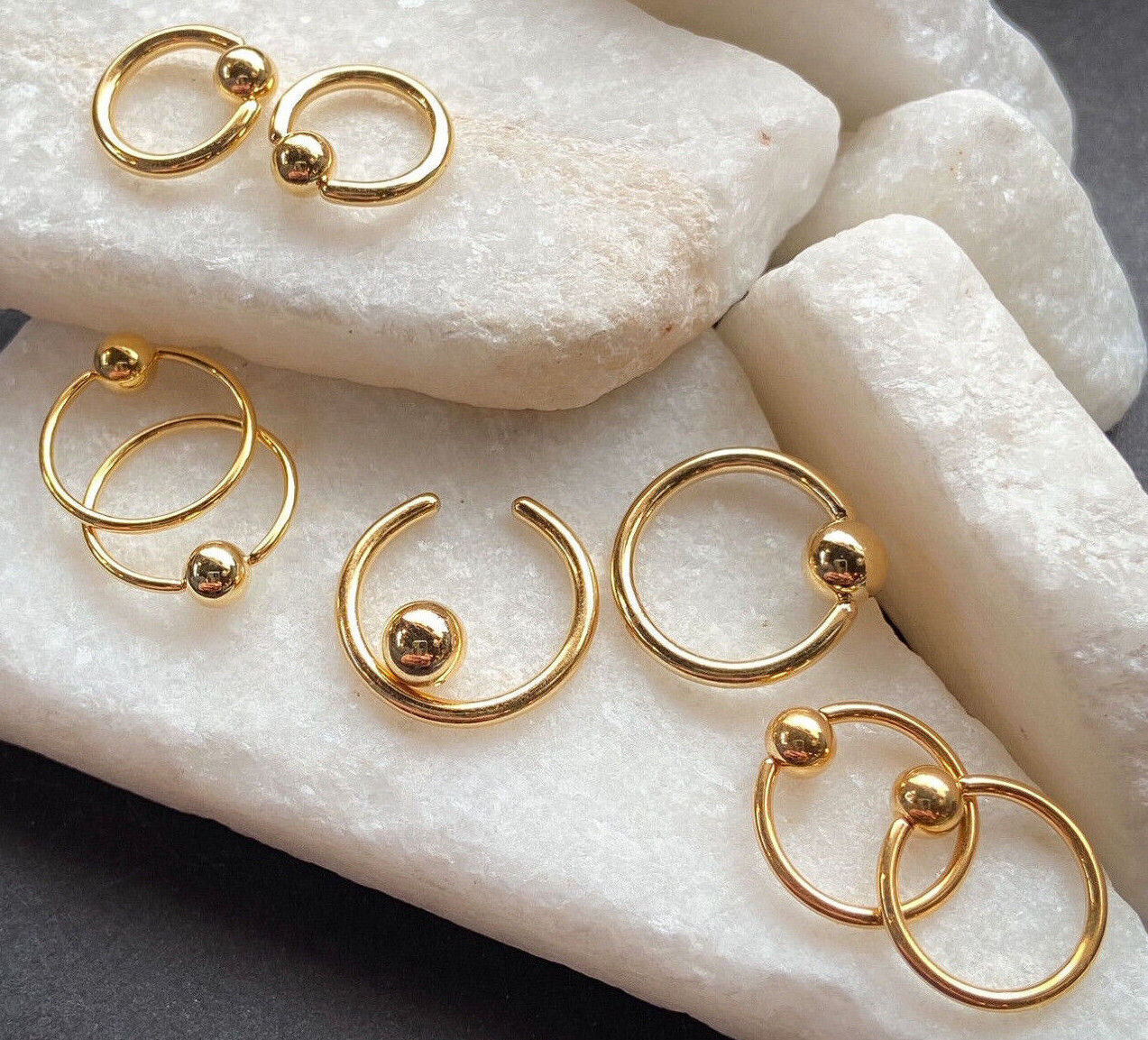 PAIR Gold Captive Bead Rings CBR's Nipple, Septum, Helix, Tragus Piercings