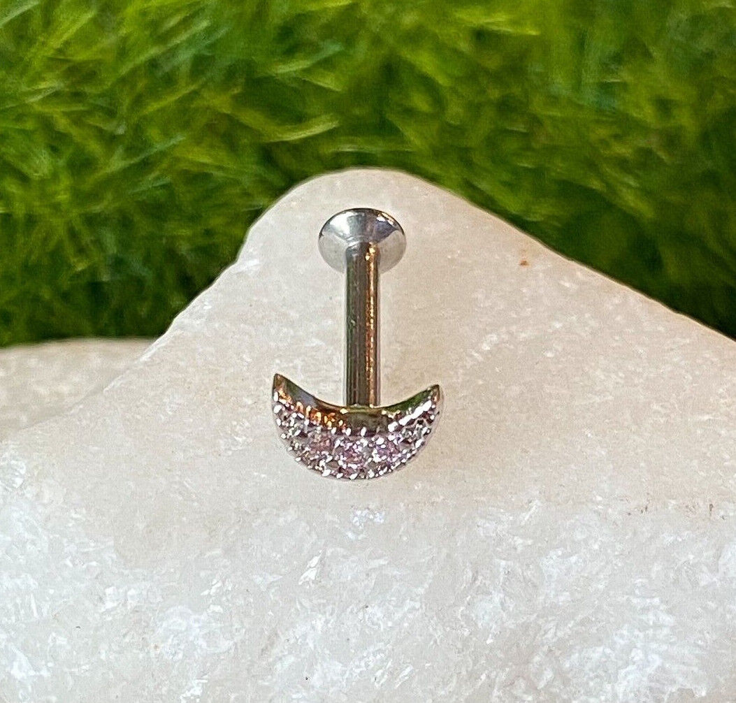 1pc CZ Crescent Moon 16g Internally Threaded 1/4" or 5/16" Steel Labret Monroe (Color: Pink)