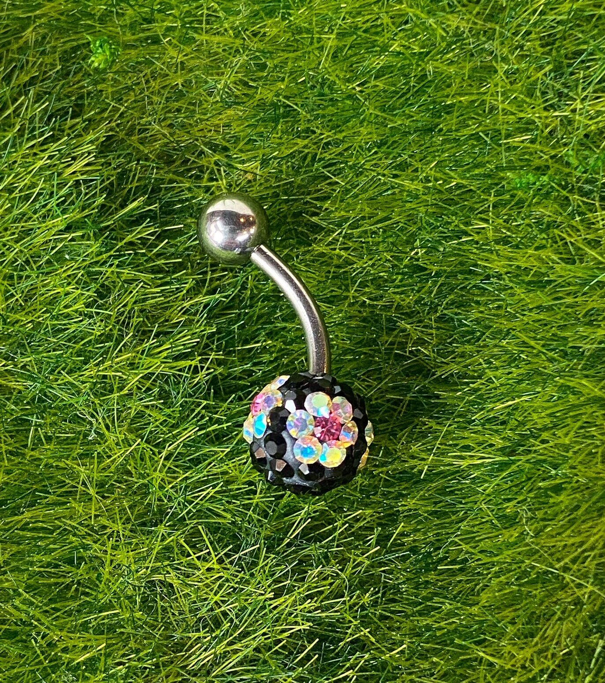 1pc Flower Gem Belly Ring Swarovski Crystal Navel Piercing Pierced Navel Jewelry (Color: Black w/ White & Pink Flowers)