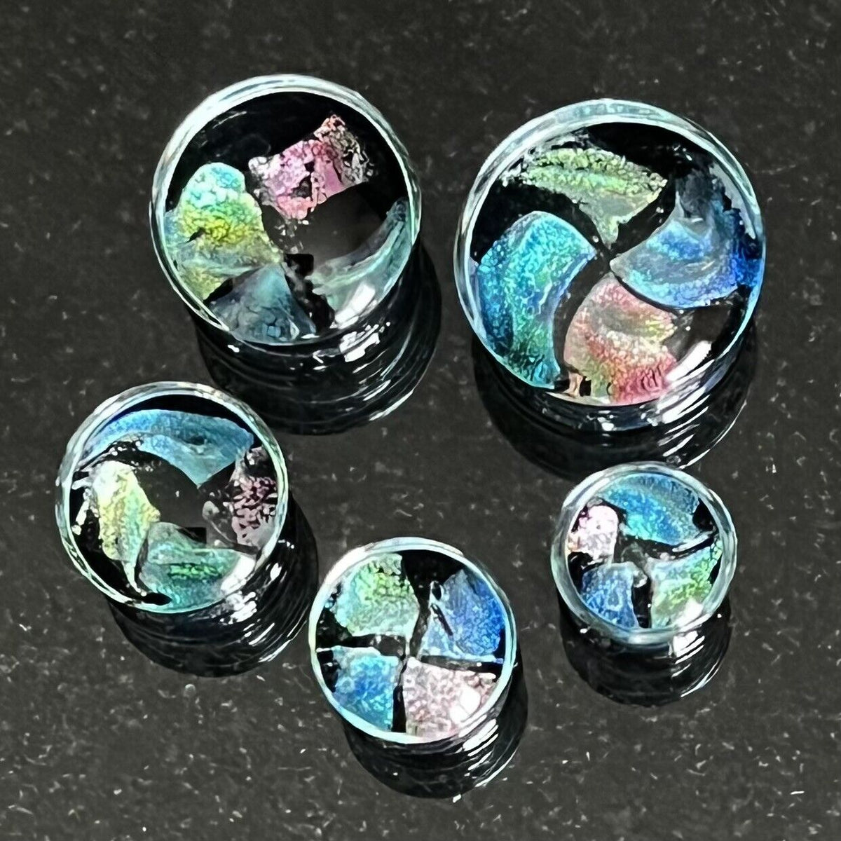PAIR Patchwork Foil Quarters Glass Double Flare Plugs Tunnels Gauges