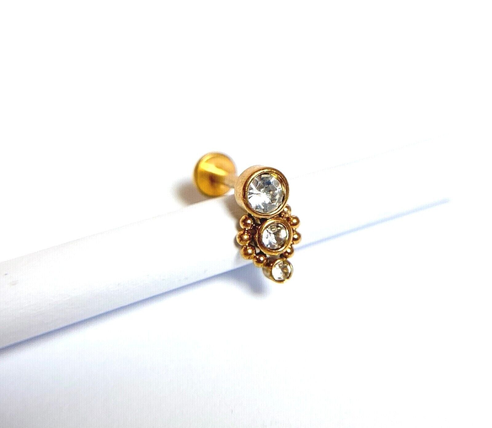 1pc Triple CZ Drop 16g Labret Internally Threaded Steel Monroe Tragus Helix (Color: Gold)