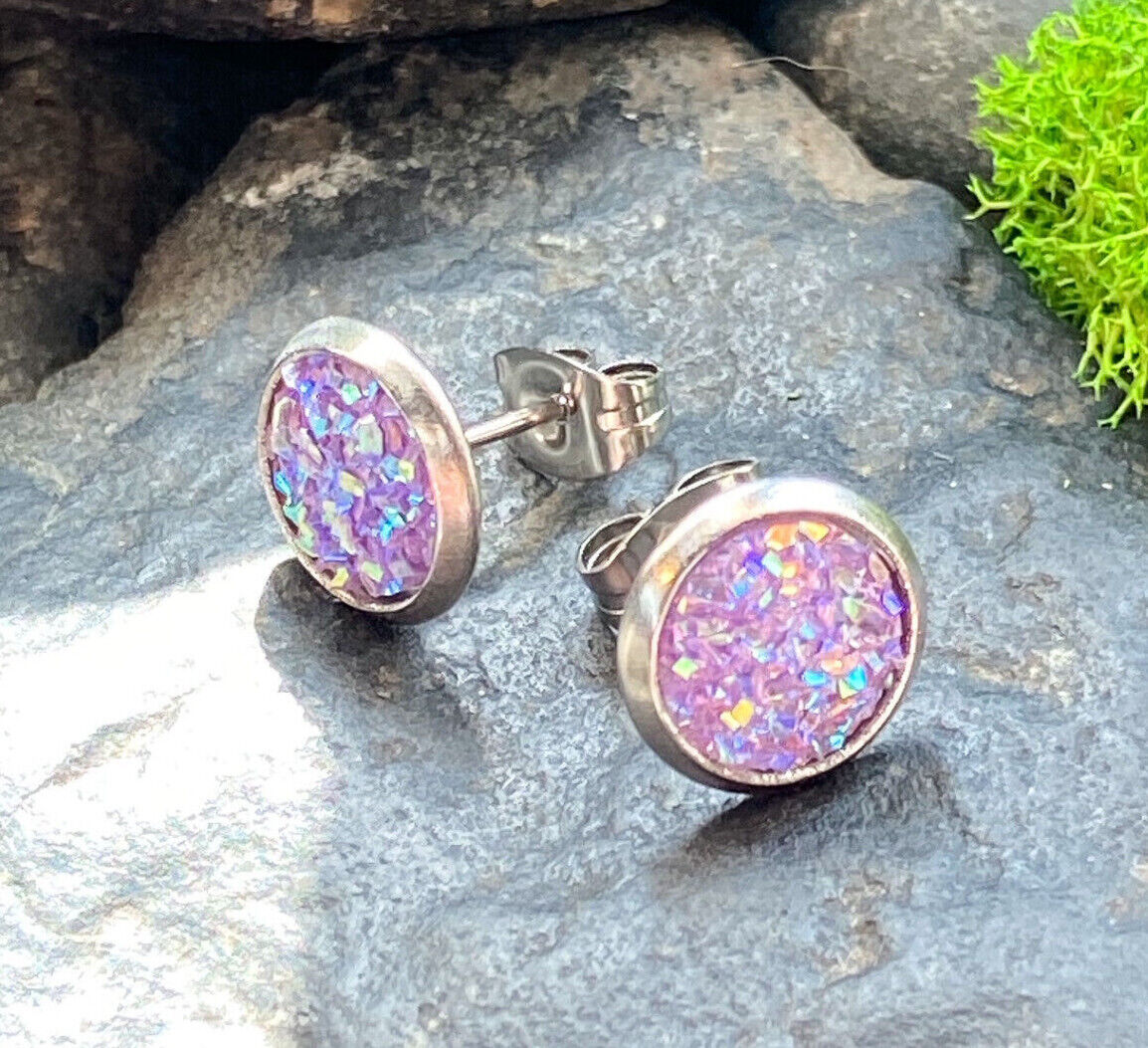 PAIR of Druzy Stone Set Stud Earrings 20g 316L Stainless Steel (Color: Purple)