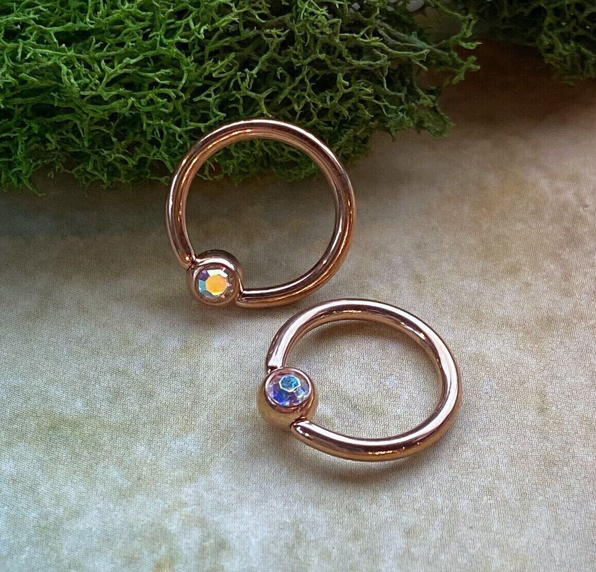 PAIR Rose Gold Gem Captive Bead Rings for Ears, Eyebrow, Septum, Nipples, etc (Gem Color: Aurora Borealis)