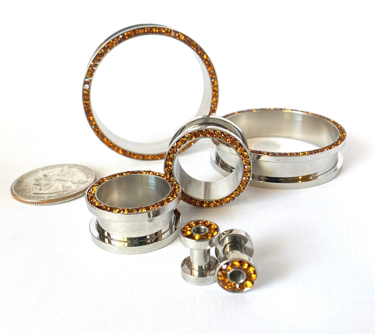 PAIR Topaz CZ Gem Rimmed 316L Surgical Steel Screw Fit Tunnels Plugs Gauges