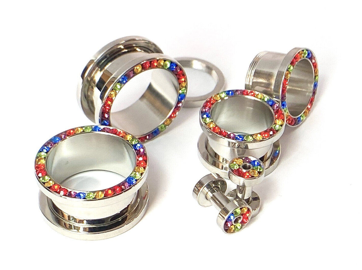PAIR Rainbow CZ Gem Rimmed 316L Surgical Steel Screw Fit Tunnels Plugs Gauges