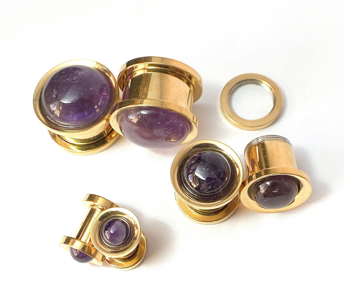 PAIR Amethyst Stone Dome Gold Steel Screw Fit Tunnels Gauge Amythest Plugs