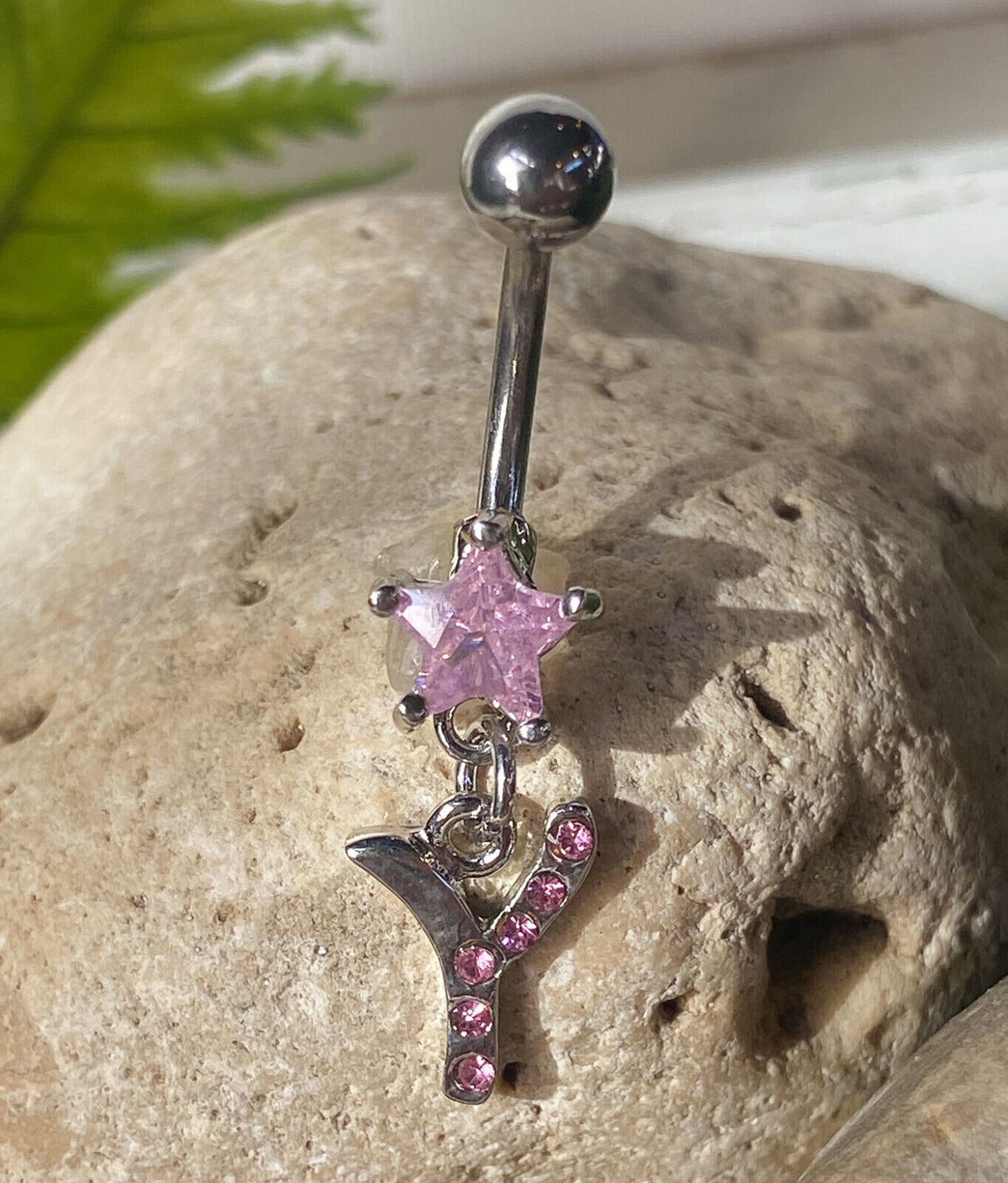 1pc Initial Belly Ring "Metro" Style Pink Gems Navel Naval Letter Body Jewelry (Initial: Y)
