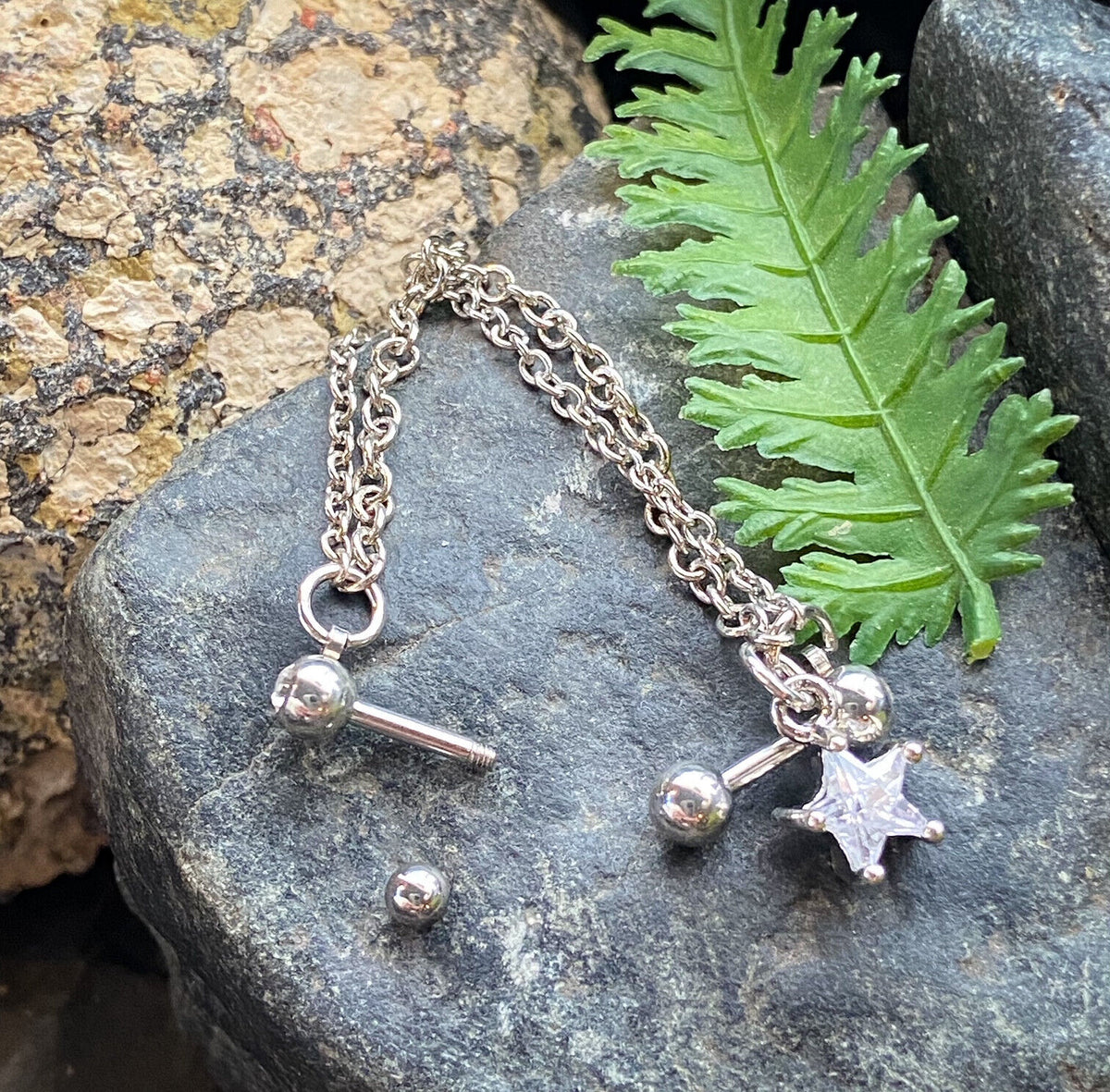 Steel Double Chain Linked Gem Star Ring Cartilage Tragus Helix Barbell Jewelry
