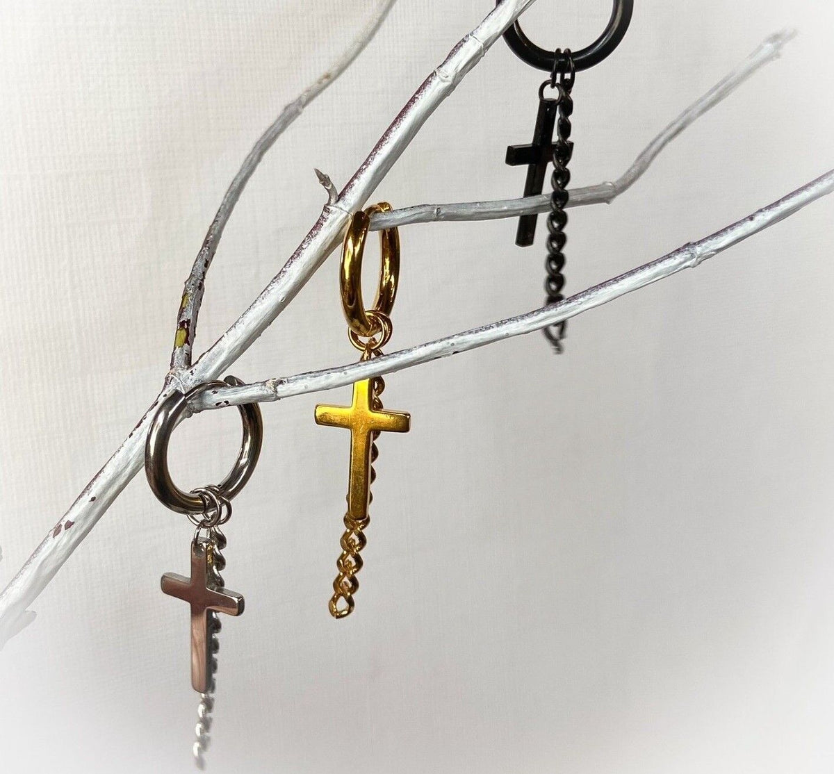 PAIR 316L Steel Hinge Action 20g Seamless Hoop Earrings w/ Cross & Chain Dangle