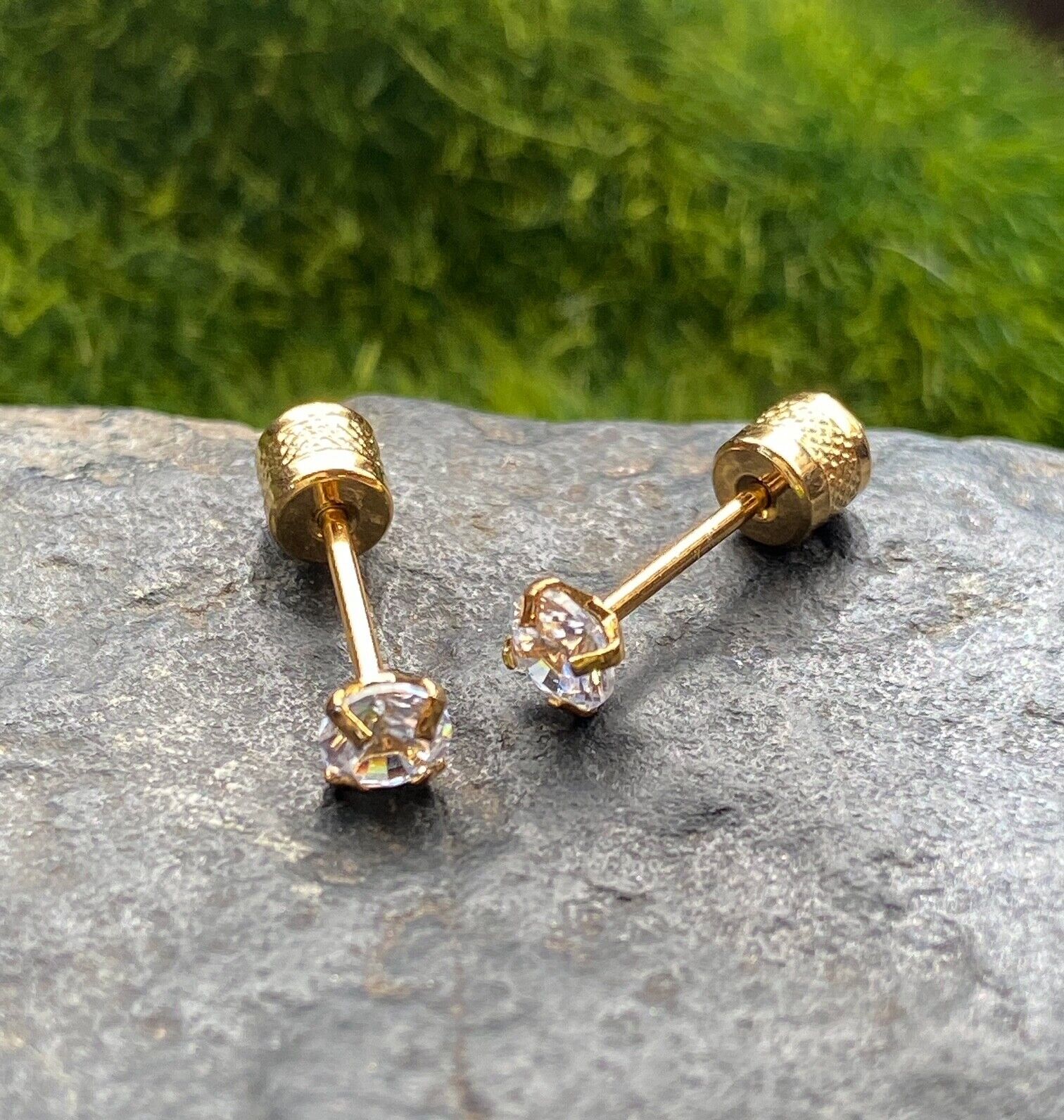 PAIR Prong Set CZ Gem Stud Gold Earrings w/ Gem Centered Screw Back Steel