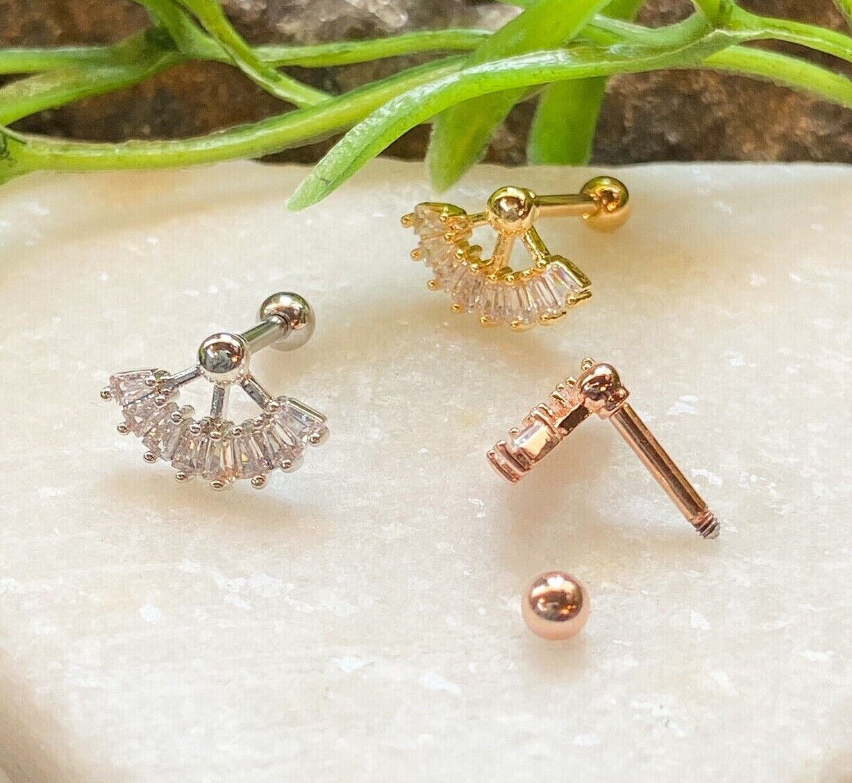 1pc Multi CZ Gem Fan Top Tragus Cartilage Barbell Stud Body Jewelry Ring 16g 6mm