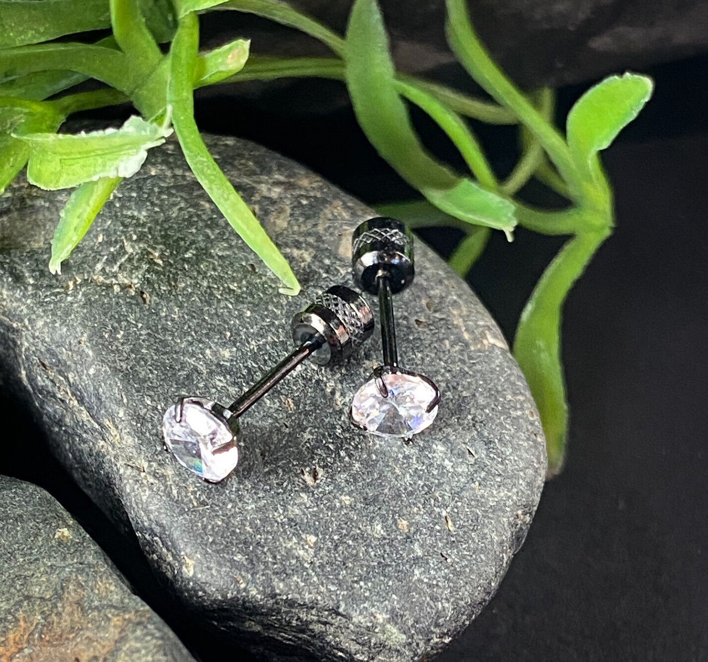 PAIR Prong Set CZ Gem Stud Black Earrings w/ Gem Centered Screw Back Steel