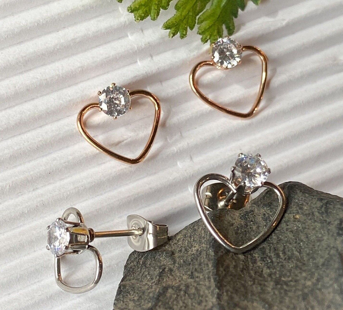 PAIR of CZ Gem Solitaire IP Stainless Steel 20g Earrings w/ Heart