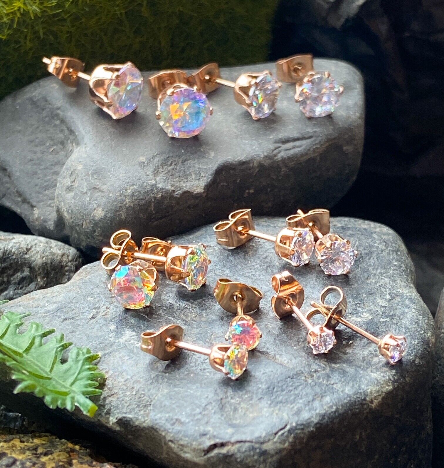 PAIR Rose Gold Ion Plated Steel Aurora Borealis or Clear CZ Gem Stud Earrings