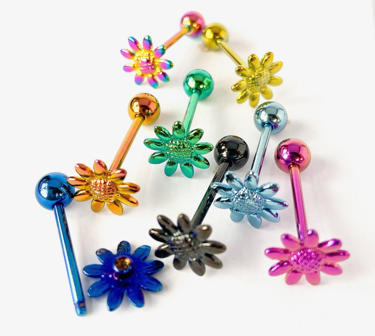 1pc Daisy Design Tongue Ring Titanium Anodized 14g Tounge Barbell Body Jewelry