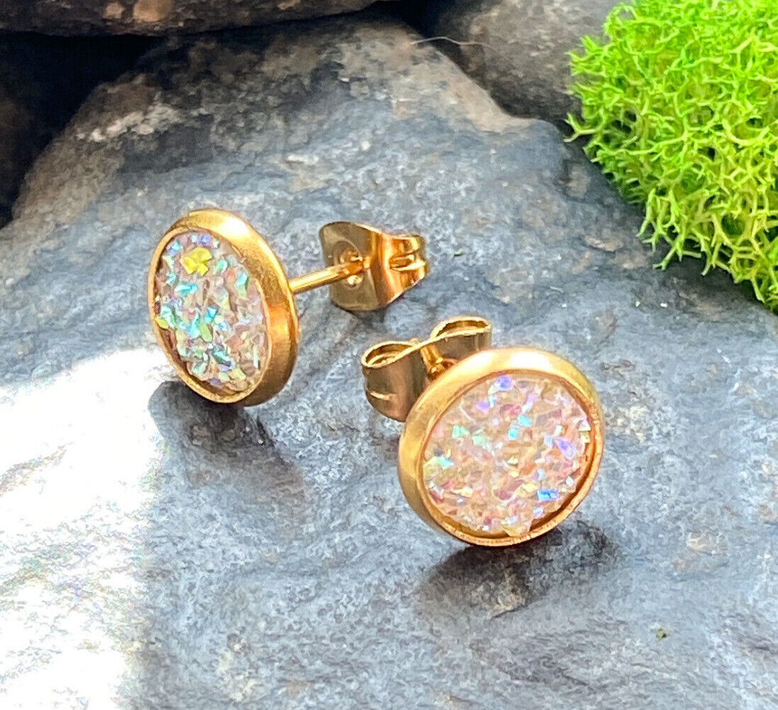 PAIR of Druzy Stone Set Stud Earrings 20g 316L Stainless Steel (Color: Gold / Aurora Borealis)