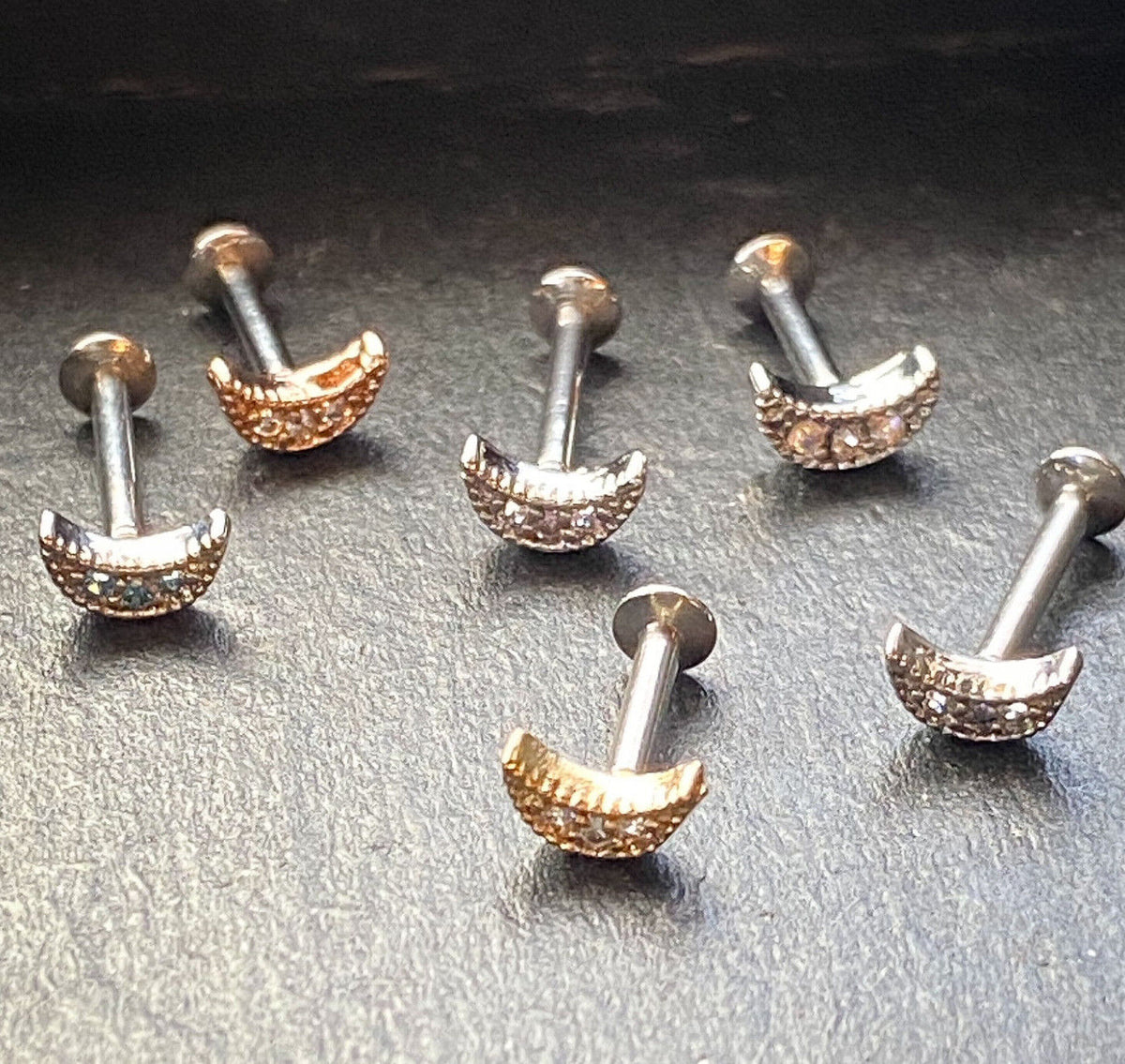 1pc CZ Crescent Moon 16g Internally Threaded 1/4" or 5/16" Steel Labret Monroe