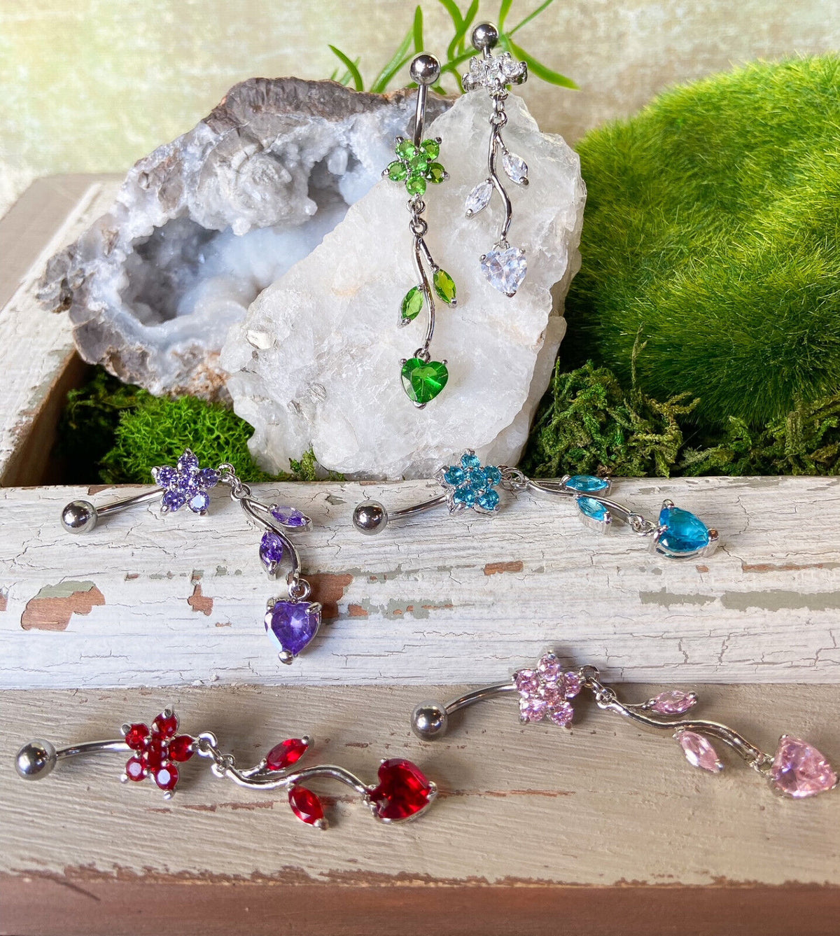 1pc Flower Vine Heart CZ Gems Belly Ring Navel Piercing Pierced Naval Jewelry