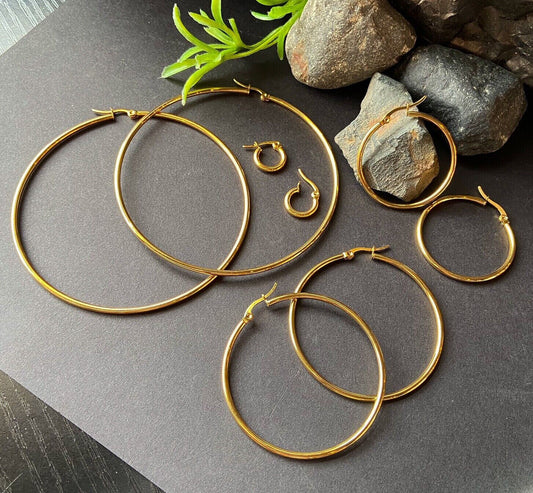 PAIR of Round Hoop Earrings 22g Gold Ion Plated Stainless Steel