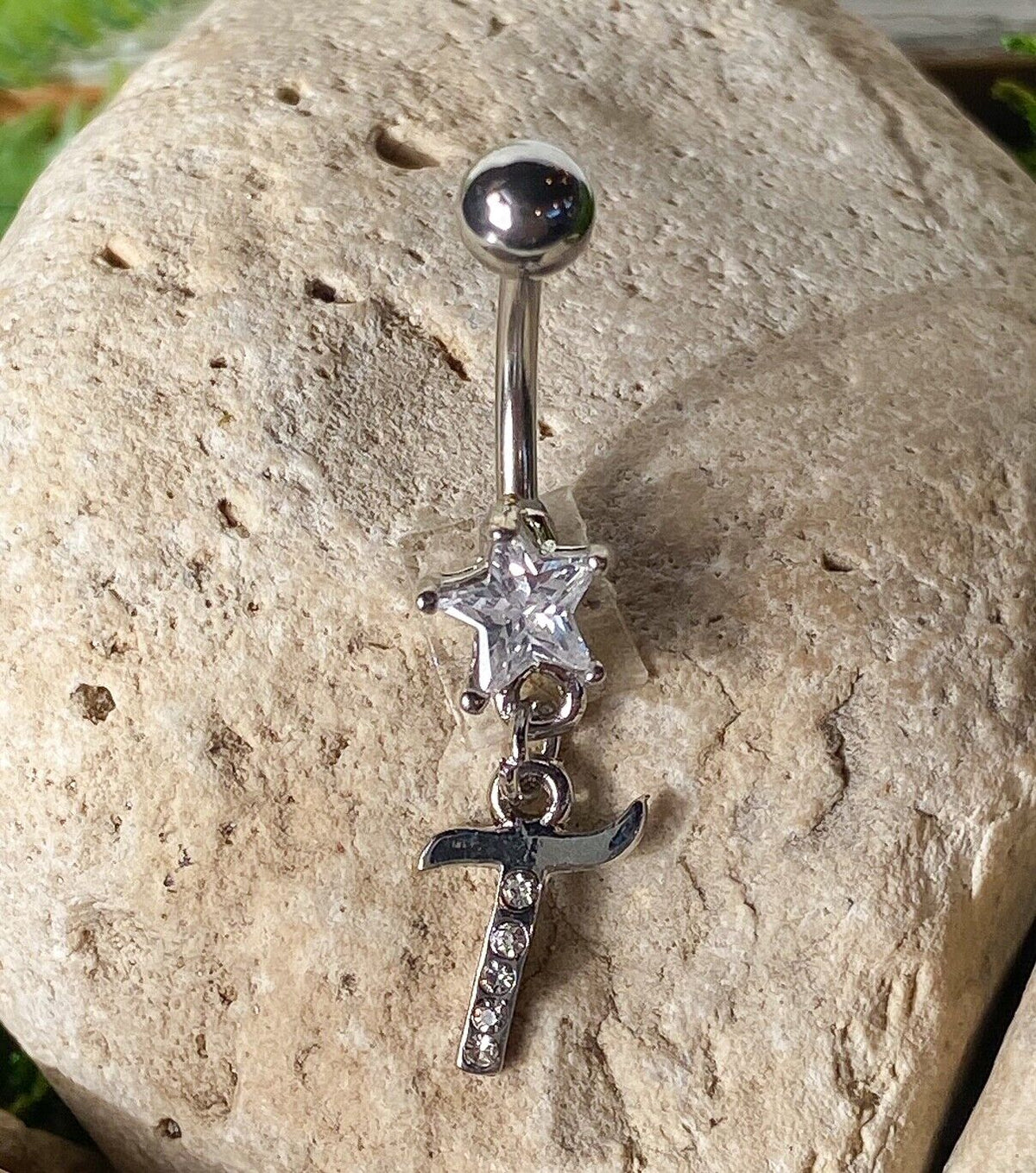 1pc Initial "Metro" Clear Gem Belly Ring Navel Pierced Naval Piercing Letter (Initial: T)