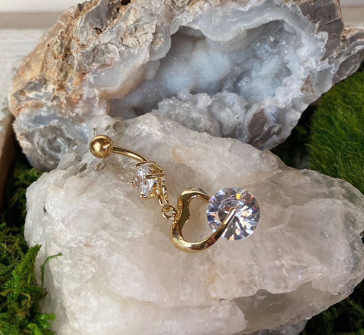 Gold Heart Clear CZ Gem Belly Ring Navel Piercing Pierced Naval Body Jewelry