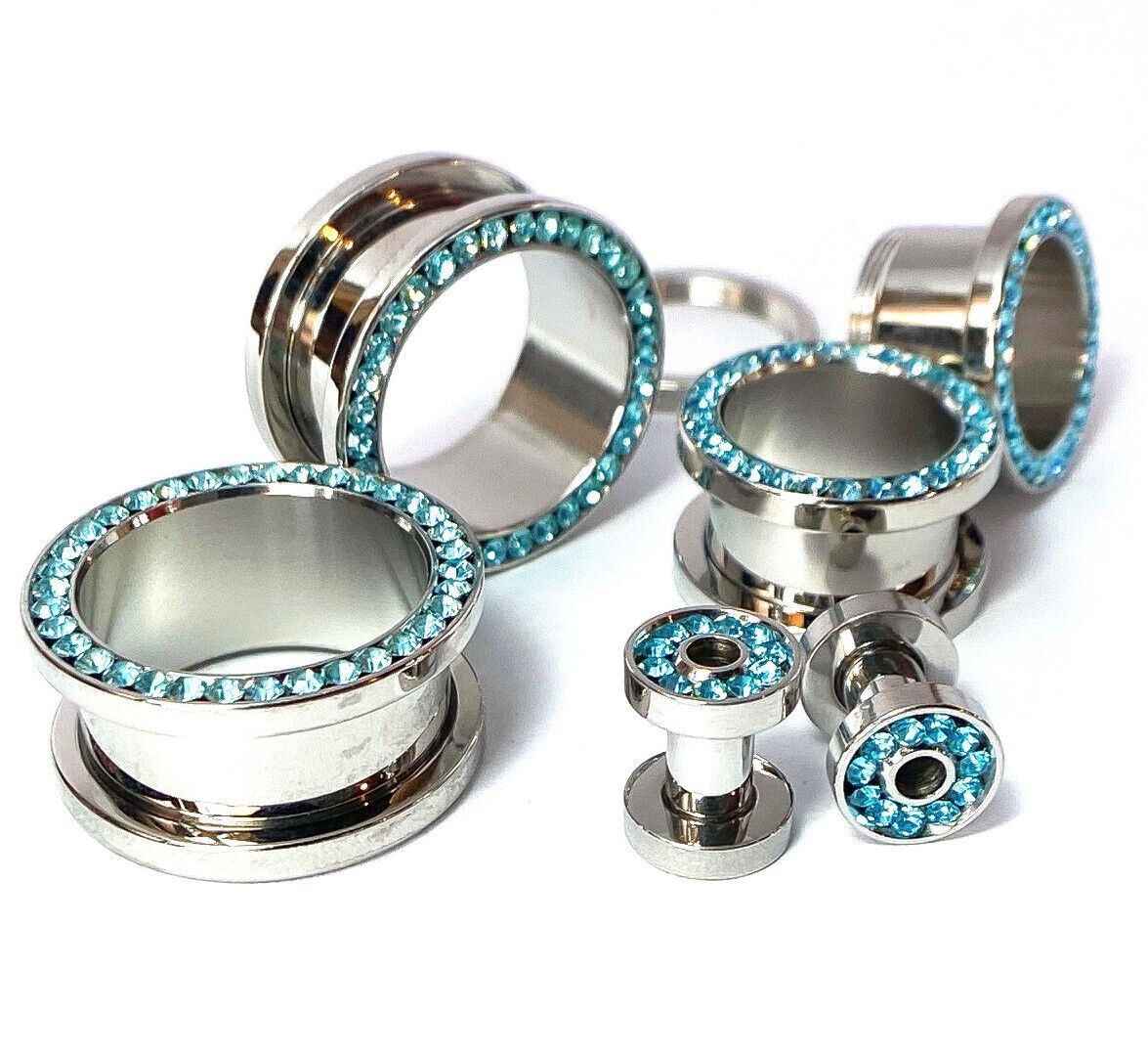 PAIR Aqua CZ Gem Rimmed 316L Surgical Steel Screw Fit Tunnel Plug Gauges