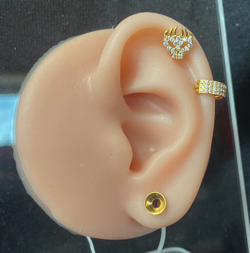1pc CZ Gem Paved Flaming Skull Tragus Helix Cartilage Barbell Ring 16g 1/4"