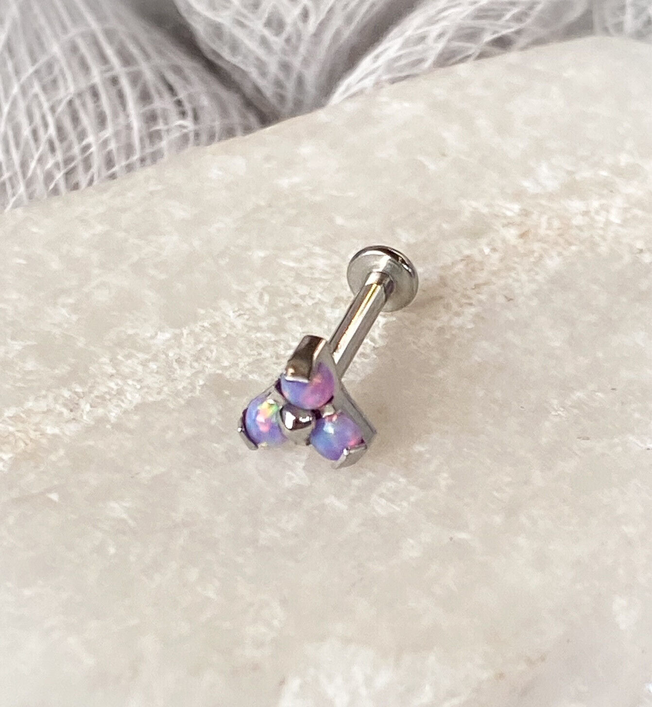 1pc Opal Triangle 16g 8mm Labret Steel Monroe Stud Lip Ring Helix Ear Cartilage (Color: Purple)