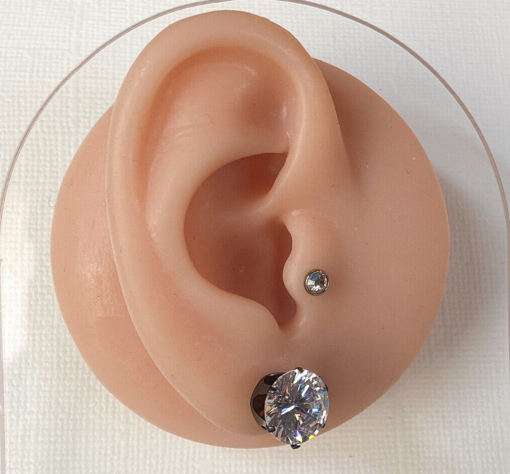 PAIR Black Ion Plated Stud Earrings Prong Set Round Clear Gem 316L Steel