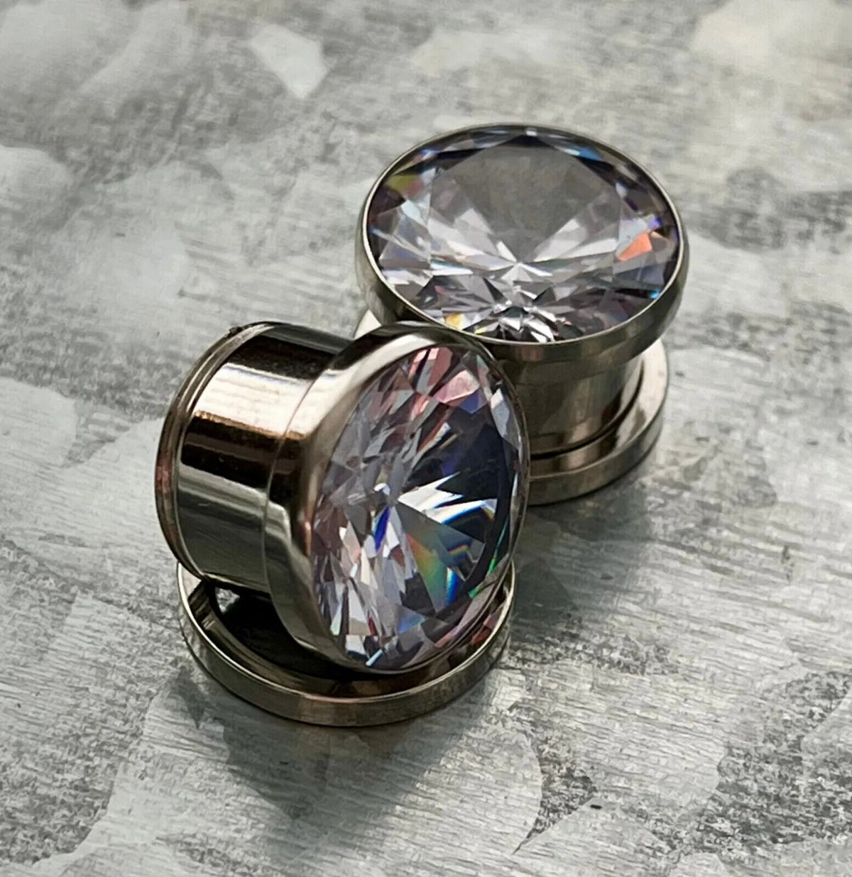 PAIR Large Gem Screw Fit Tunnels Ear Plugs Gauges Pierced Piercing Body Jewelry