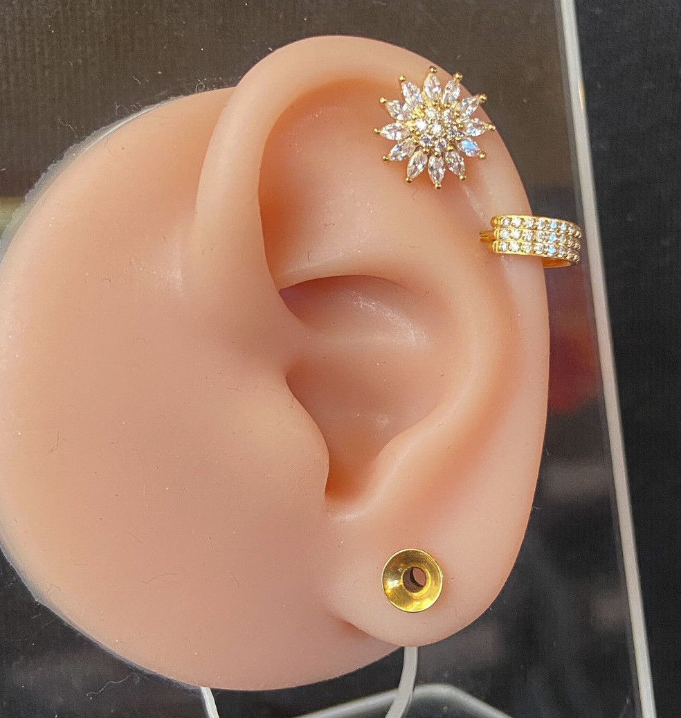 1pc CZ Gem Paved Flower Surgical Steel Tragus Cartilage Barbell Ring 16g 1/4"