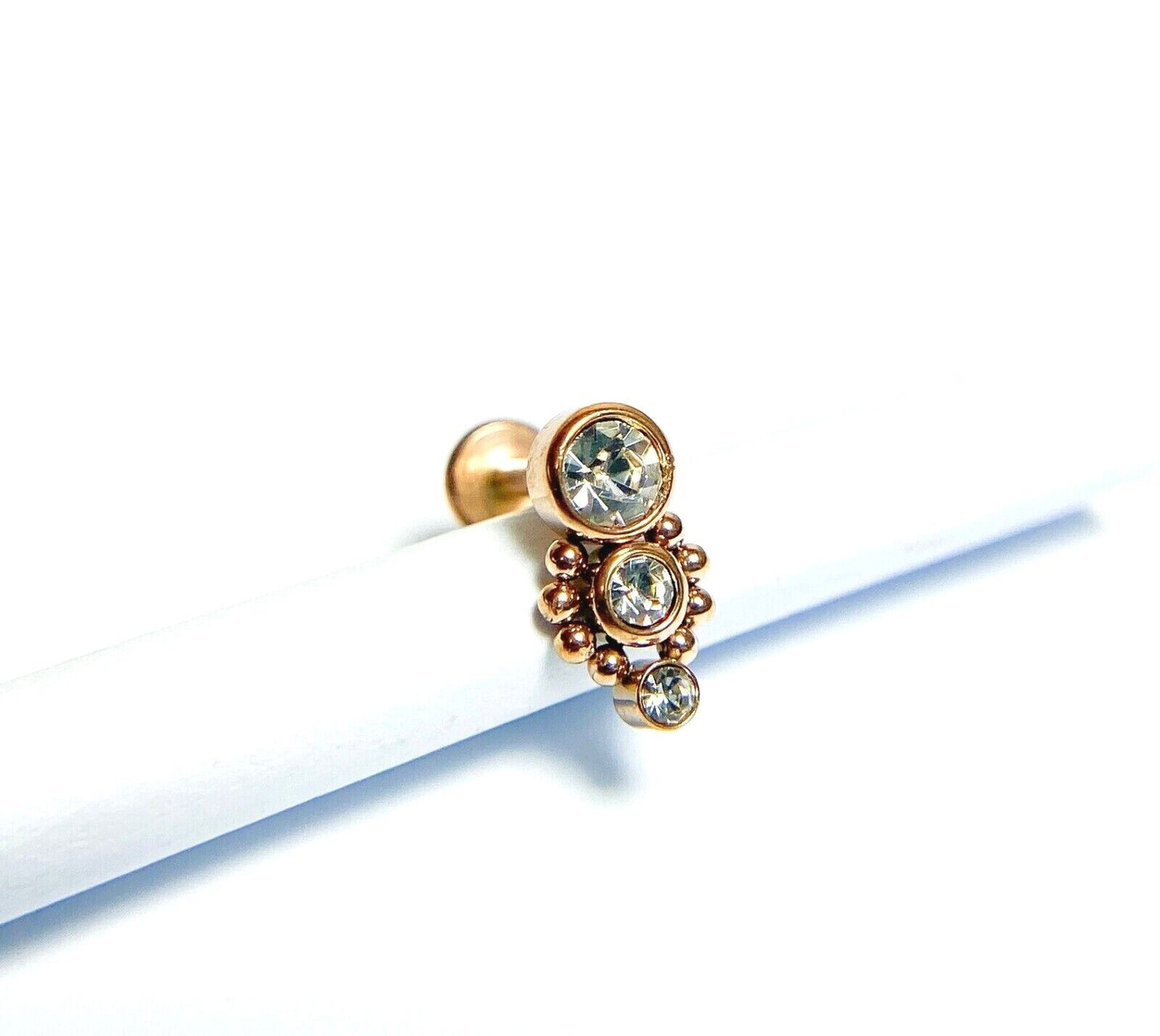 1pc Triple CZ Drop 16g Labret Internally Threaded Steel Monroe Tragus Helix (Color: Rose Gold)