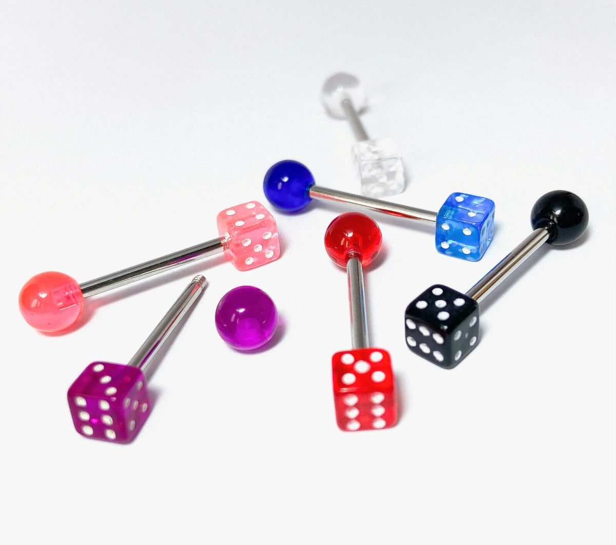 6pc Value Pack Acrylic Dice Steel Tongue Rings 14g Tounge Body Jewelry