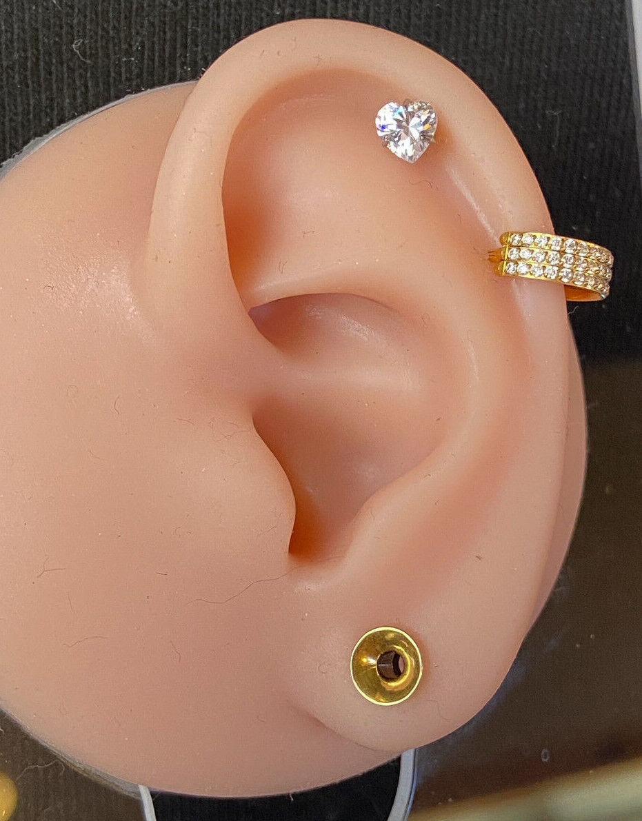 3pc Value Pack 3mm-4mm-5mm Prong Set Heart Gem Tragus Cartilage Ring 16g 1/4"