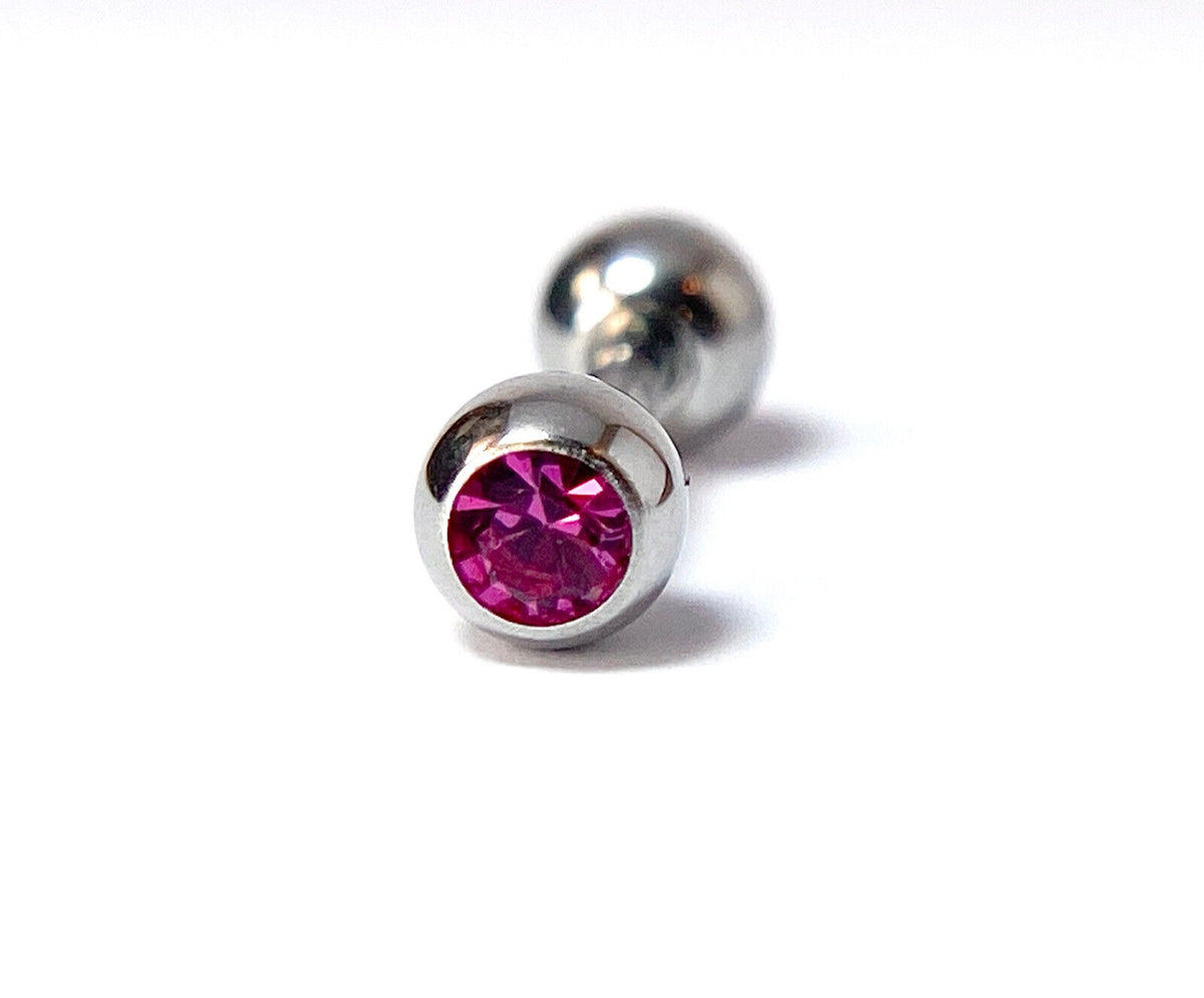 1pc Press-Fit Gem 316L Surgical Steel Barbell Tragus Stud Ring 16g 1/4" (6mm) (Color: Fuschia)