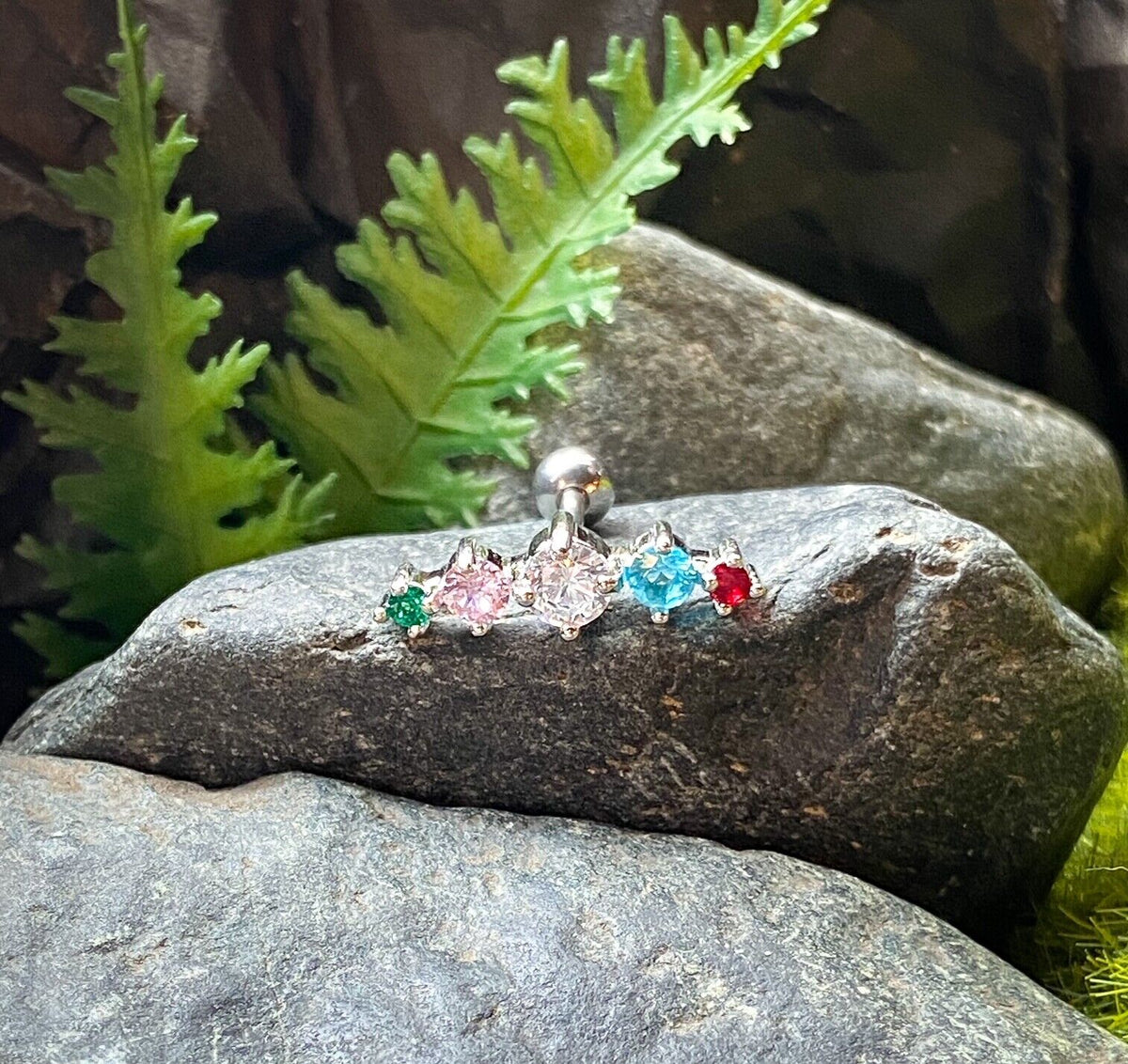1pc Prong Set Journey Curve Gem Tragus Helix Cartilage Ring 16g 1/4" 6mm Jewelry (Gem Color: Multicolor)