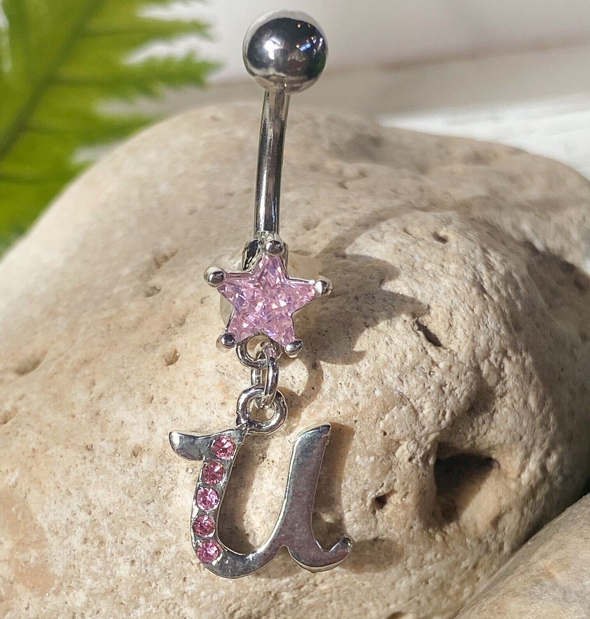 1pc Initial Belly Ring "Metro" Style Pink Gems Navel Naval Letter Body Jewelry (Initial: U)