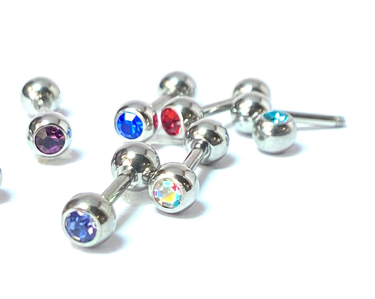 1pc Press-Fit Gem 316L Surgical Steel Barbell Tragus Stud Ring 16g 1/4" (6mm)