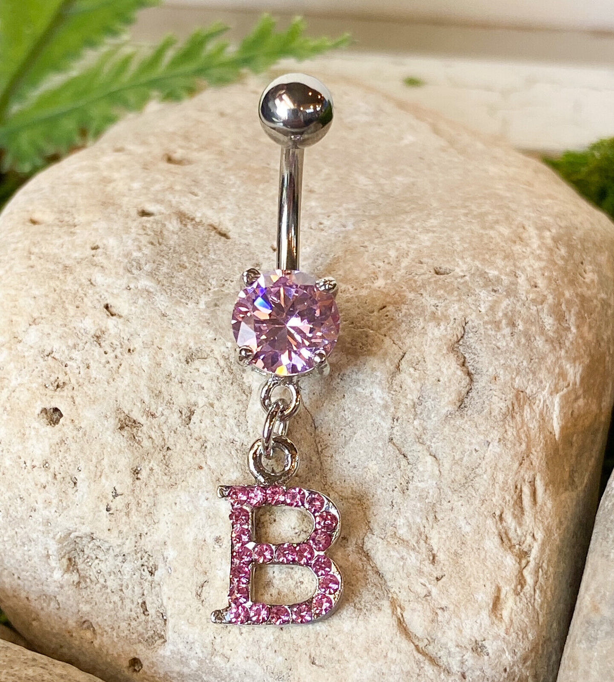 1pc Initial Paved Pink Gem Belly Ring Pierced Navel Letter Naval Piercing (Initial: B)
