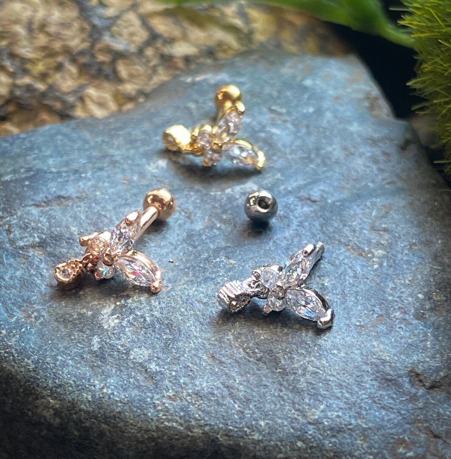 1pc CZ Gem Butterfly w/ Tear Drop Tragus Helix Cartilage Barbell Ring 16g 1/4"