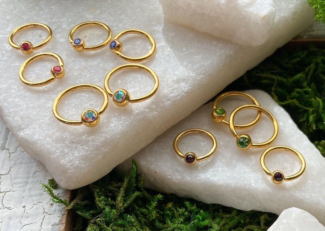 PAIR Gold Plated Gem Captive Bead Rings for Ears, Eyebrow, Septum, Nipples, etc