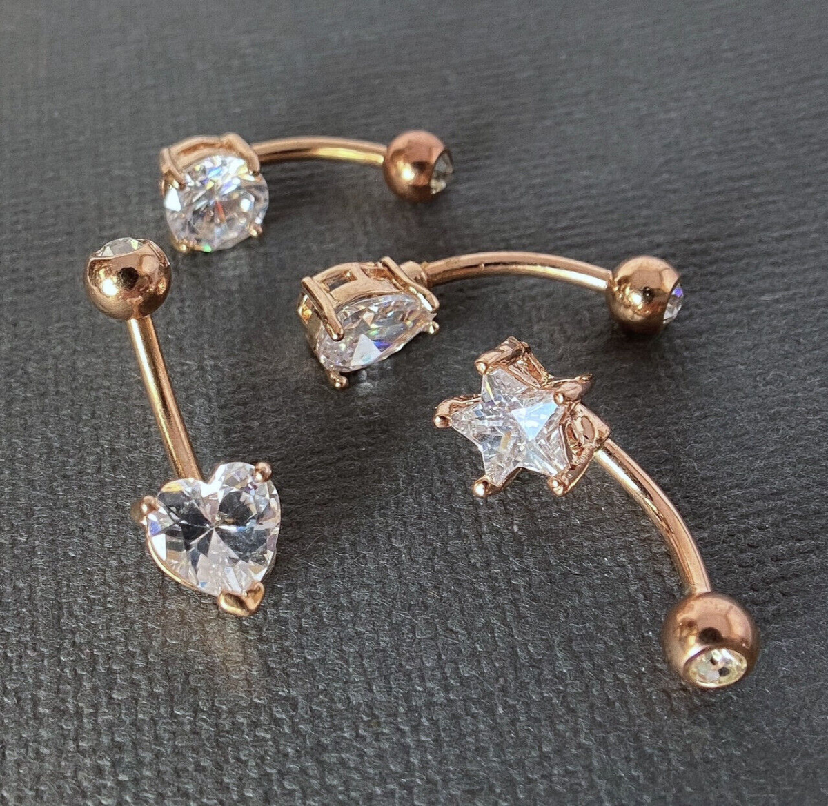 4pc Value Pack Heart, Round, Star, Tear Drop CZ Gem Belly Rings Navel Naval (Color: Rose Gold)